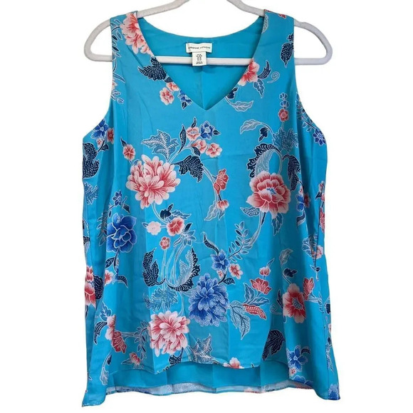Adrienne. Vittadini Womens M Light Blue Floral Print V Neck Tank Top - Picture 1 of 11